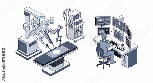 Robotic Surgery System with Surgeon at Control Console and Robotic Arms in Modern Operating Room Isometric Vector Illustration