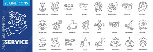 Service icon vector illustration concept. Icon pack contain Service, technician, assistance, inquiry, quality, maintenance, online help, customer, repair, response, Satisfaction, Responsiveness