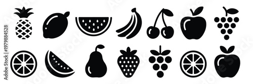 Black and white line art icons of various fruits are presented