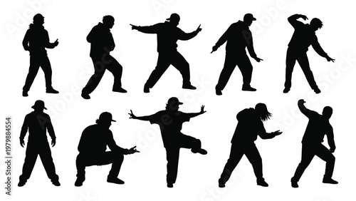 A collection of dynamic silhouettes depicting people in various energetic poses suggesting movement and activity high quality professional detailed modern elegant