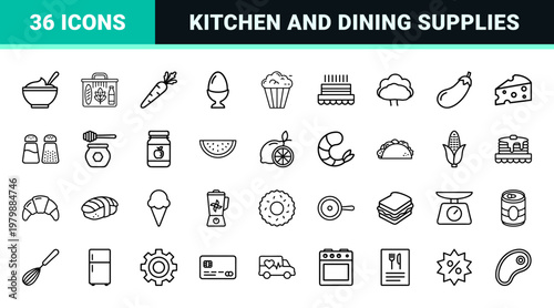 Minimalist food and grocery outline icon set in grid layout.