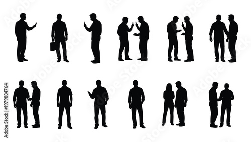 A collection of silhouetted figures depicting various interactions including business meetings conversations and casual companionship high quality professional detailed modern elegant