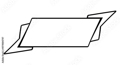 Minimalist black and white vector illustration of a dynamic ribbon banner with angular extensions. Central rectangle flanked by two stylized wings creating a sense of movement.