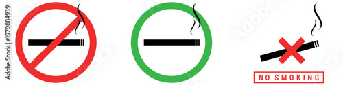 Set of three graphic icons signaling prohibition of smoking including classic red circle with diagonal line crossing a cigarette green circle. Vector illustration for no smoking zones.
