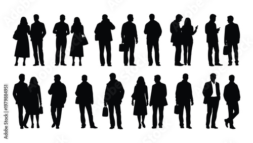 A collection of black silhouettes depicts diverse groups of people walking conversing and interacting in an urban setting high quality professional