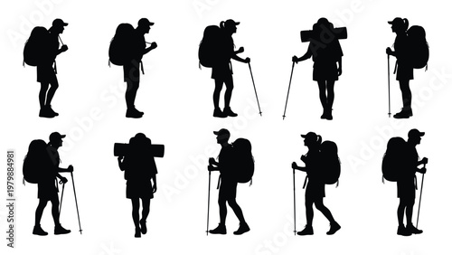 A collection of silhouettes depicting hikers with backpacks and trekking poles showcasing various walking poses and equipment high quality professional detailed