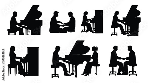 A collection of black silhouettes depicts individuals playing pianos practicing and possibly performing musical compositions high quality professional detailed modern elegant