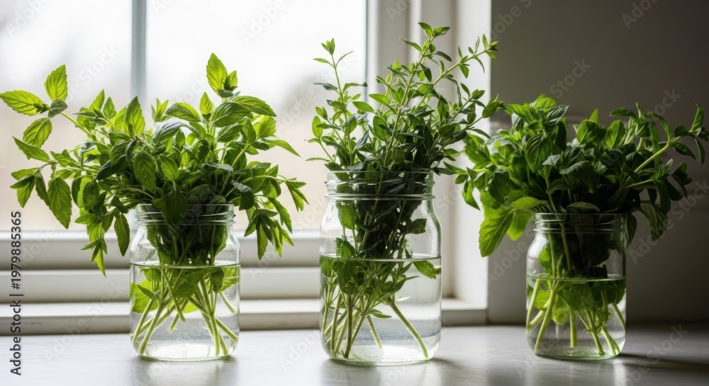 Fototapeta premium Three clear glass jars containing bundles of fresh green herbs like mint and basil submerged in water, sitting on a kitchen windowsill with bright natural daylight in the background.