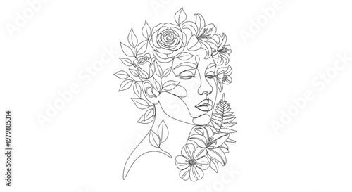 High Quality Black Continuous Line Female Face with Leaves – Minimal Nature & Beauty Concept Illustration