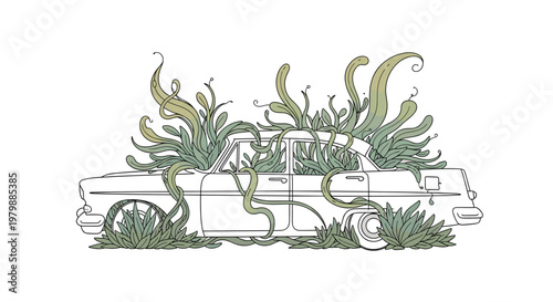 Contemporary Ruined Car with Organic Plant Flow Outline