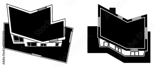 Modern architectural building diagram featuring angular geometry and flat roof in bold isometric style