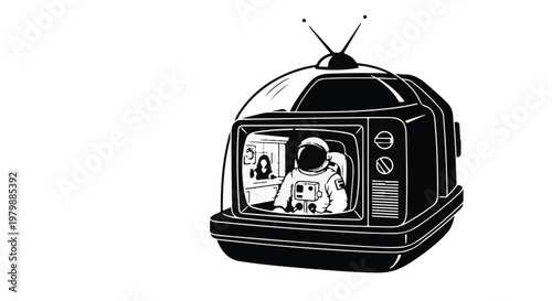 Astronaut appears on an old retro television screen in a surreal digital concept.