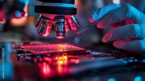 Detailed shot of gloved scientist working with microchip beneath laboratory microscope, illuminated glowing lights, nanotechnology, innovation, precision science, future technological breakthroughs