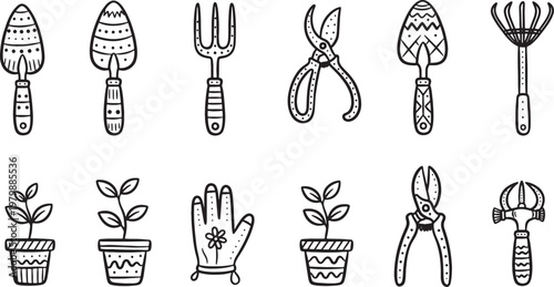 Gardening tools and plants illustrations
