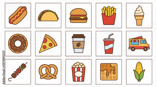 Vector Icons Set of colorful fast food icons in flat design style. EPS Editable. Vector Illustrations.