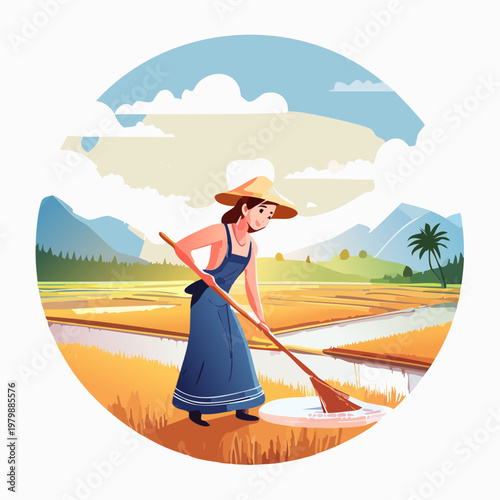 Woman working in rice paddy field with traditional hat and farming tools