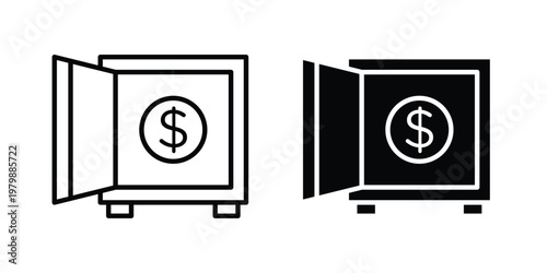 Open safe icon. Flat and outline icons. Black icons