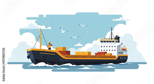 Large cargo ship sailing on water.