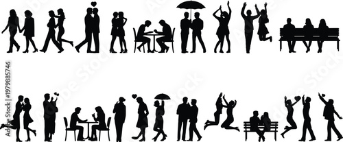 Couple silhouettes, romantic love interaction walking kissing dancing umbrella scenes, flat vector