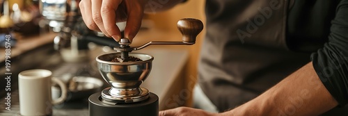 A person grinding coffee beans with a manual coffee grinder on a counter