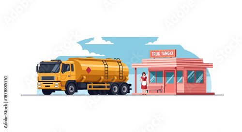 Large Yellow Tanker Truck Refueling Station.