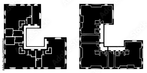 Apartment building floor plan layout with internal room divisions in architectural blueprint style