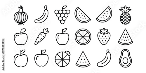 A set of 16 black and white line art fruit icons including apples, bananas, and pineapples
