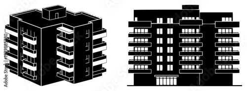 Modern apartment building complex with balconies and multi story residential architecture in minimalist black and white style