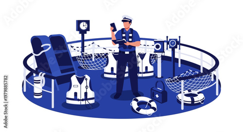 Lifeguard standing on blue deck.