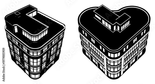 Office building perspective views with rounded windows and rooftop architecture in minimalist black and white vector style