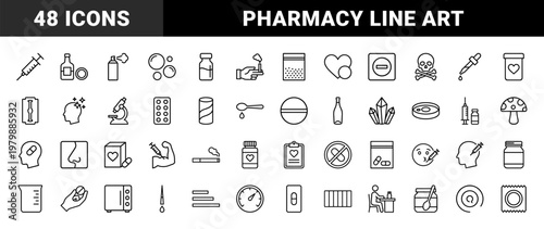 Minimalist pharmaceutical and medical substance outline icon set.