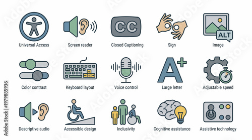 Vector Icons Set of fifteen hand drawn web accessibility and inclusive design icons. EPS Editable. Vector Illustrations.
