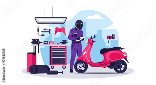 Man in purple uniform with scooter.