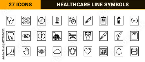 Minimalist medical and healthcare outline icon set for hospital and science.