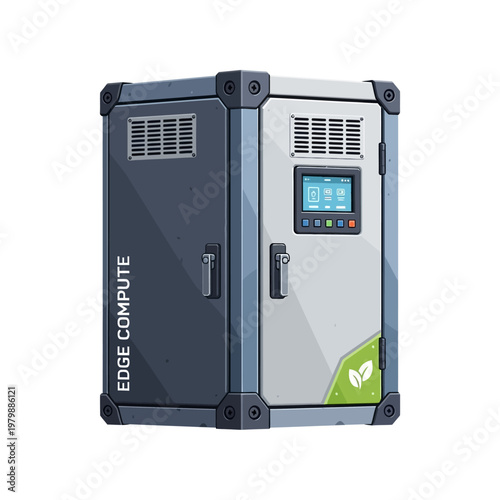 Edge Compute Device with Digital Screen and Leaf Icon, Industrial Server Unit