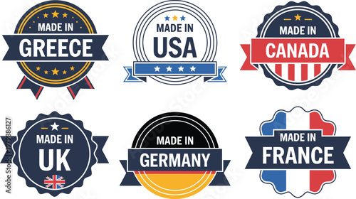 Set of classic circular emblems featuring country origin labels for international trade and marketing purposes