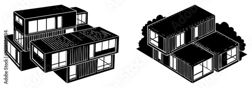 Container house modular home design in black and white isometric style