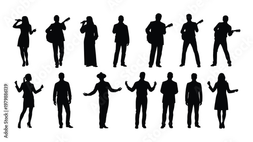 A collection of silhouette figures depicting musicians performing with instruments and singers on stage high quality professional detailed modern elegant stylish