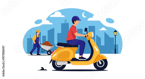 Man Riding Yellow Delivery Scooter.