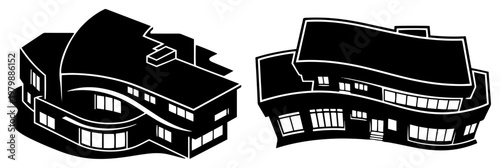 Modern luxury villa with curved glass facades in black and white isometric style