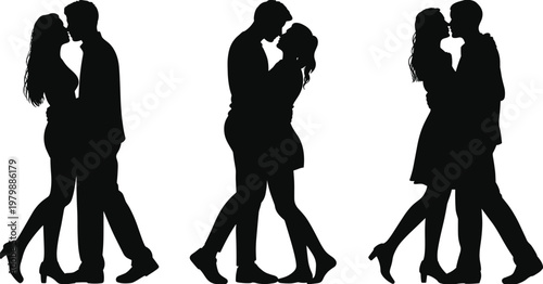 Romantic couple silhouette kissing embrace, flat vector illustration isolated design