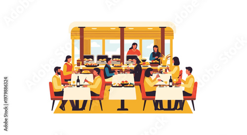 People sitting at restaurant tables eating.