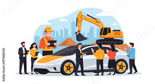 People standing around a white sports car.