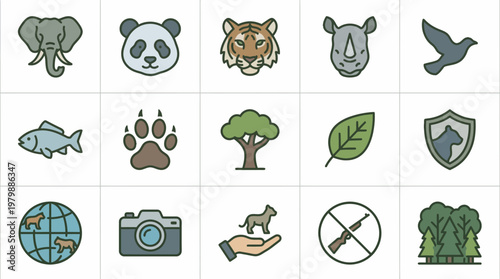 Vector Icons Set of wild animal and nature conservation themed line art icons. EPS Editable. Vector Illustrations.