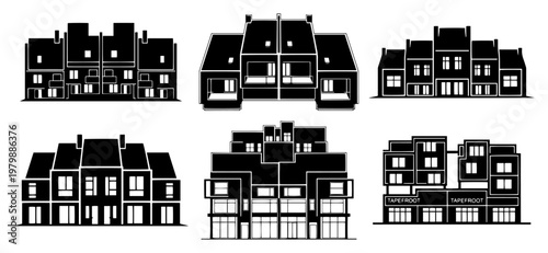 Modern residential and commercial building facade icons set in black and white silhouette style