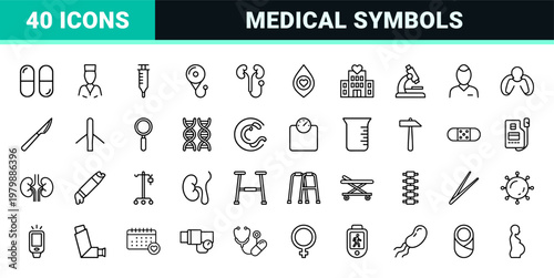 Minimalist medical and healthcare outline icon set.