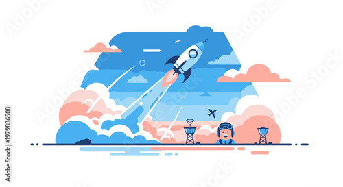 Rocket Ship Launching into Sky.