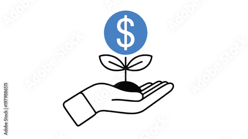 Conceptual illustration of a hand holding a plant with a dollar sign as its fruit, symbolizing financial growth and investment