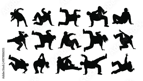 A collection of dynamic silhouettes depicting diverse breakdancing poses and acrobatic movements against a white backdrop high quality professional detailed modern