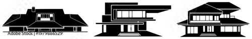 Modern and traditional house silhouettes showing different architectural styles in flat black and white design